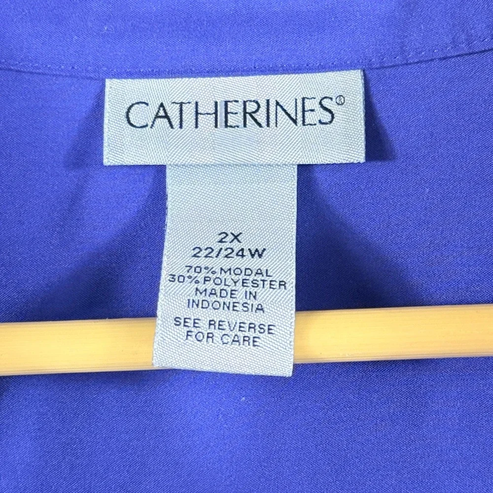 Catherines Button Down Blouse Womens 2X Indigo Pleated Roll Tab Office Classic